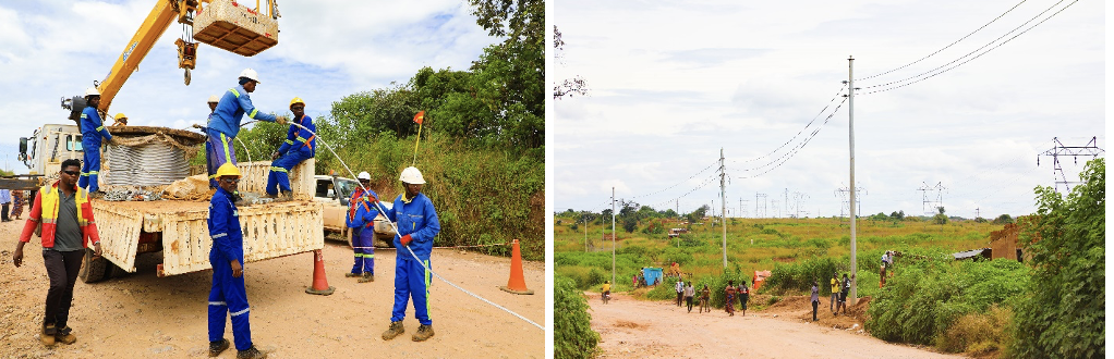 Installation de câbles aux poteaux électriques sur la route nationale No. 39 vers la cité de Tenke, au Lualaba